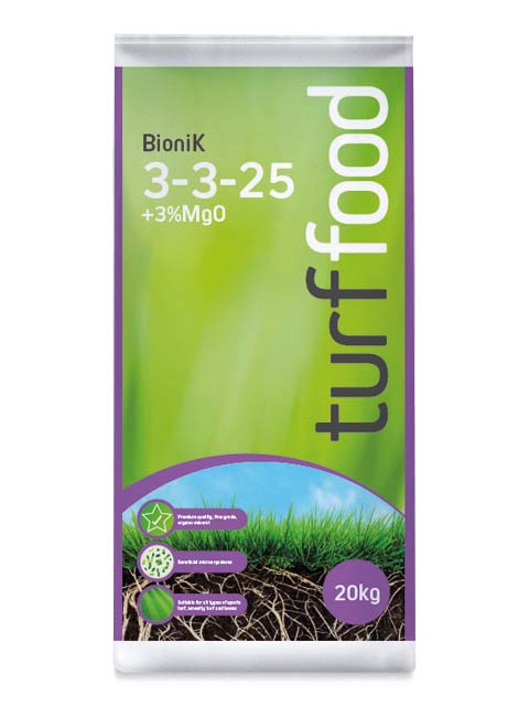 Turf Food BioniK 3-3-25 +3%MgO Fertiliser and Moss Killer 20kg