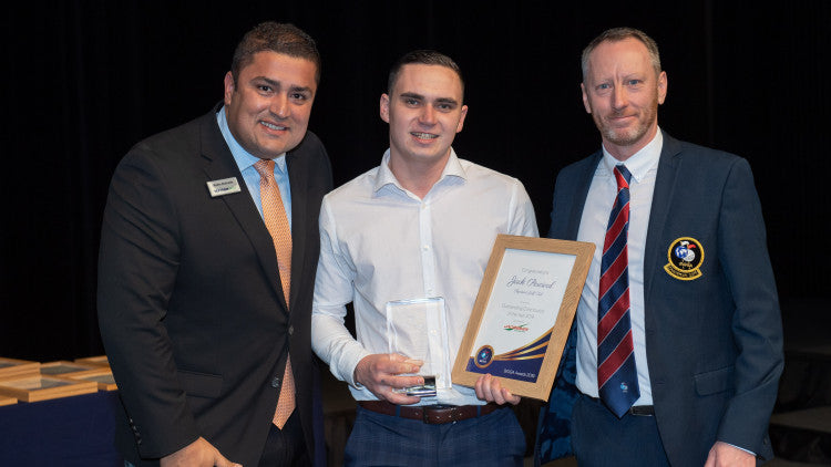 Jack Percival With Textron's Andre Andrade And BIGGA Chairman Scott Reeves