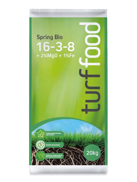 Turf Food Spring Bio 16-3-8 +2%MgO +1%Fe Fertiliser 20kg