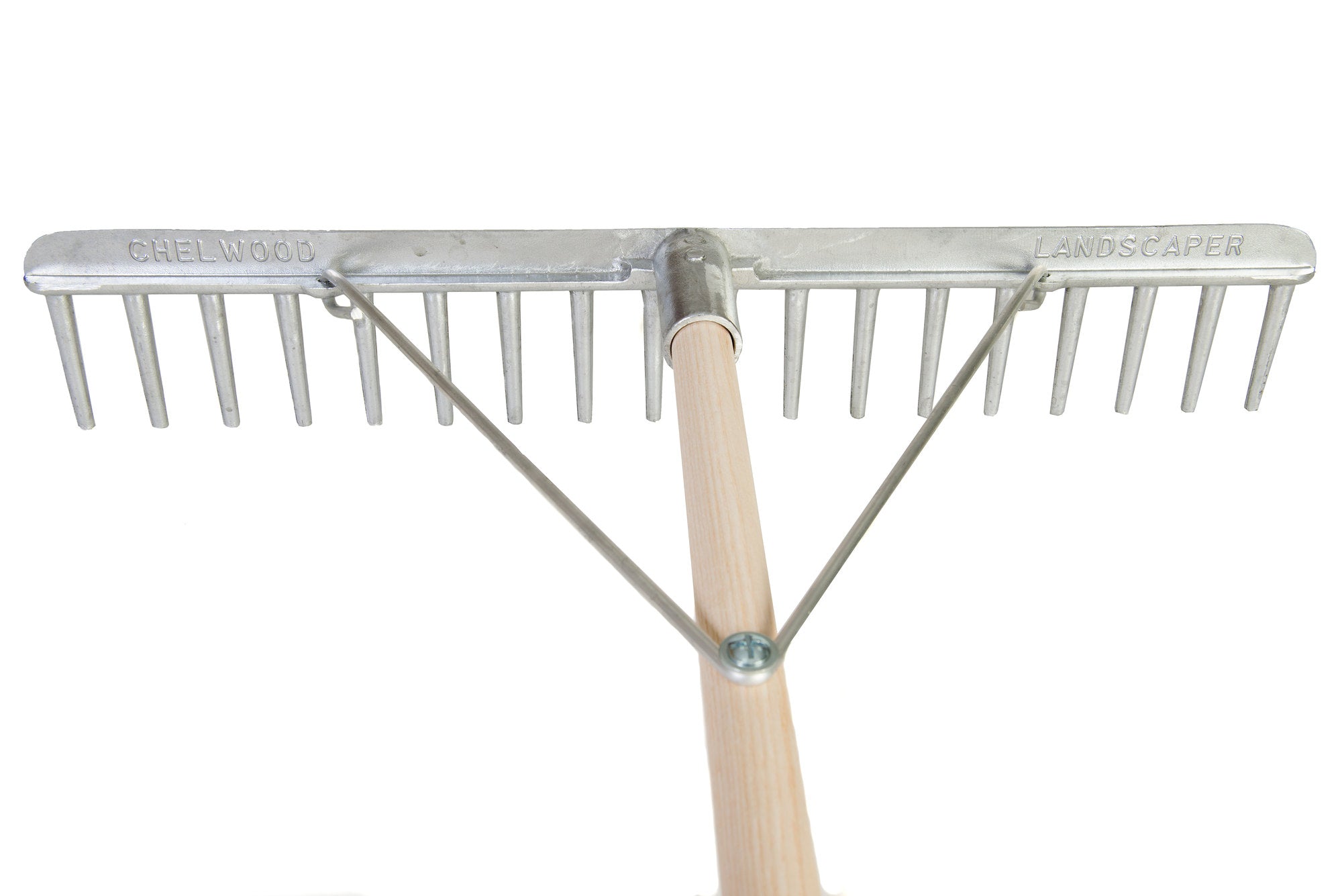 Chelwood® 18A® aluminium crown rake viewed from underneath, showing the bracing